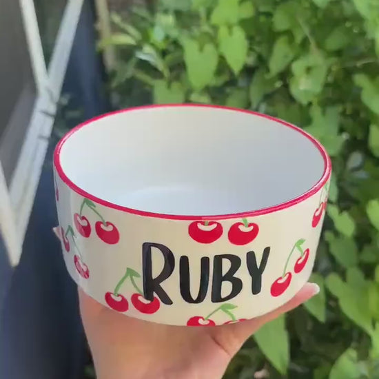 Personalized & Hand-Painted Cherry Ceramic Pet Bowl | Pet Gift Personalized Painted Cherries, the Perfect Dog or Cat Mom Gift