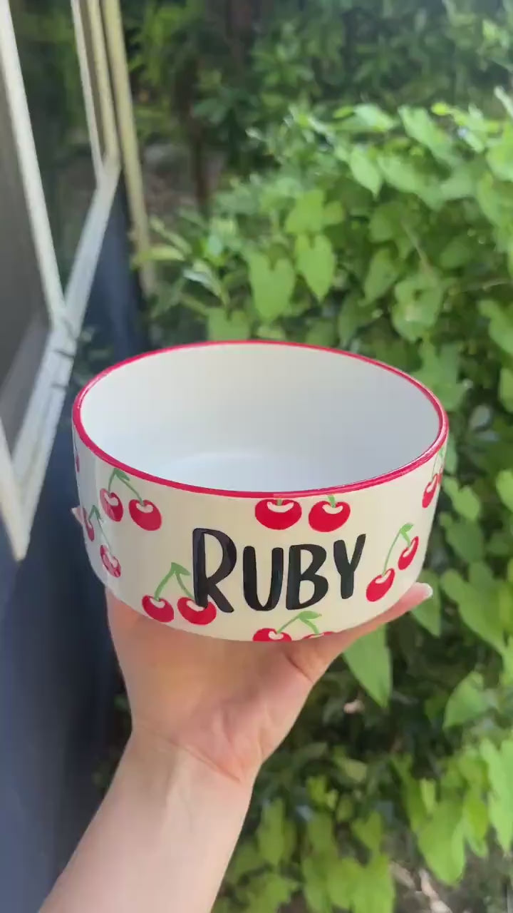 Personalized Hand-Painted Ceramic Pet Bowl Set: Cherry Design | Hand Painted Cherries | Dog Mom and Dad Gift