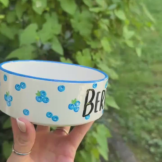 Personalized Hand-Painted Blueberry Ceramic Pet Bowl Set | Two Blueberry Durable Pet Bowls, Customized Art for Pets | Dog or Cat Mom Gift
