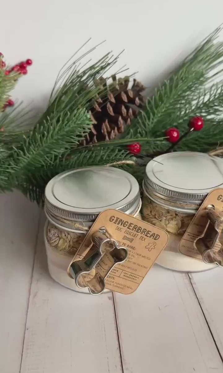 Gingerbread DIY Dog Biscuit Mix | TWO Bake Your Own Dog Cookies | Jar Mix Set of Two with Cookie Cutter | Holiday Dog Treat Gift