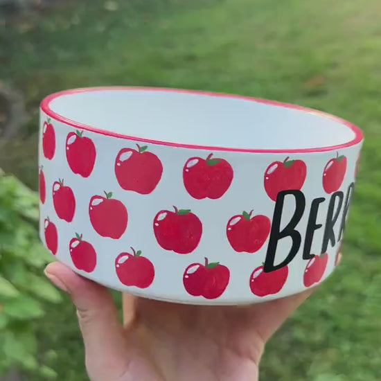Personalized Hand Painted Apple Pet Bowl, Custom Ceramic Dog or Cat Dish, Fruit Design Food Bowl